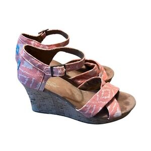 TOMS Geometric Pink Ikat Wedge Strappy Sandals Cork Heel Shoes Women's‎ 10